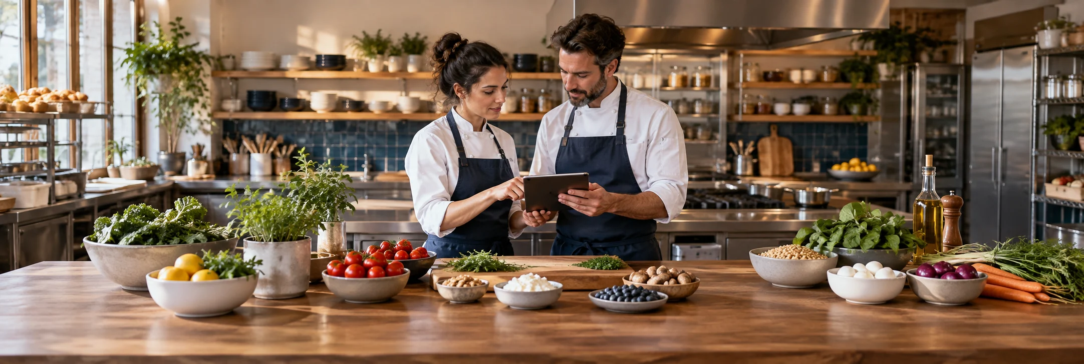 Zwei Küchenmitarbeitende prüfen Produktinformationen gemeinsam am Tablet