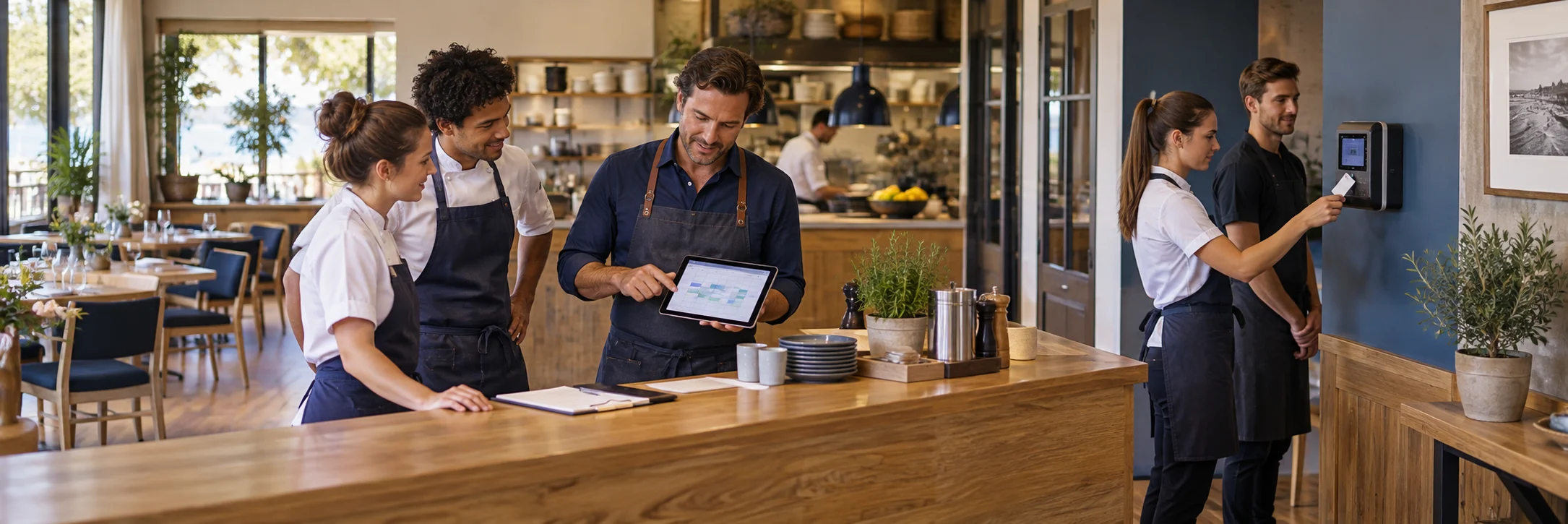 Ein Gastronomieteam plant gemeinsam seinen Einsatz am Tablet